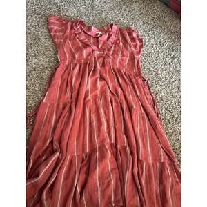 a.n.a A New Approach Rust Red Striped Tiered V-Neck Midi Dress Womens Small